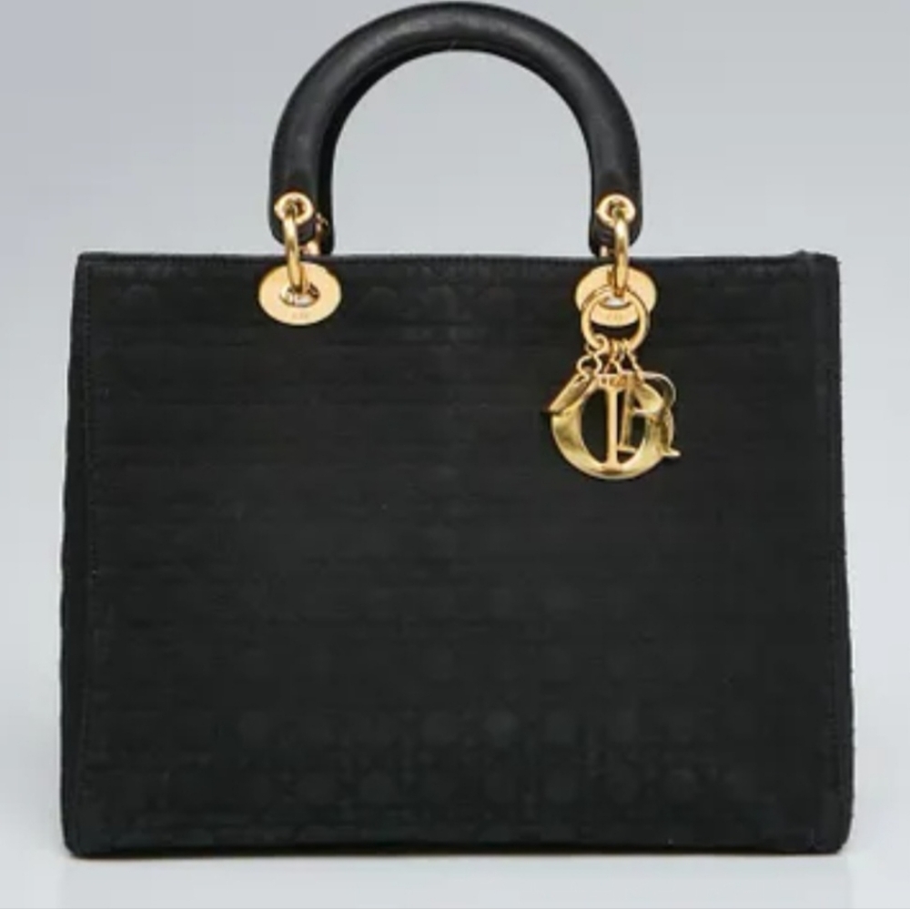 Christian DIOR Lady Dior Cannage Handbag Tote Bag Nylon Black Gold Hardware